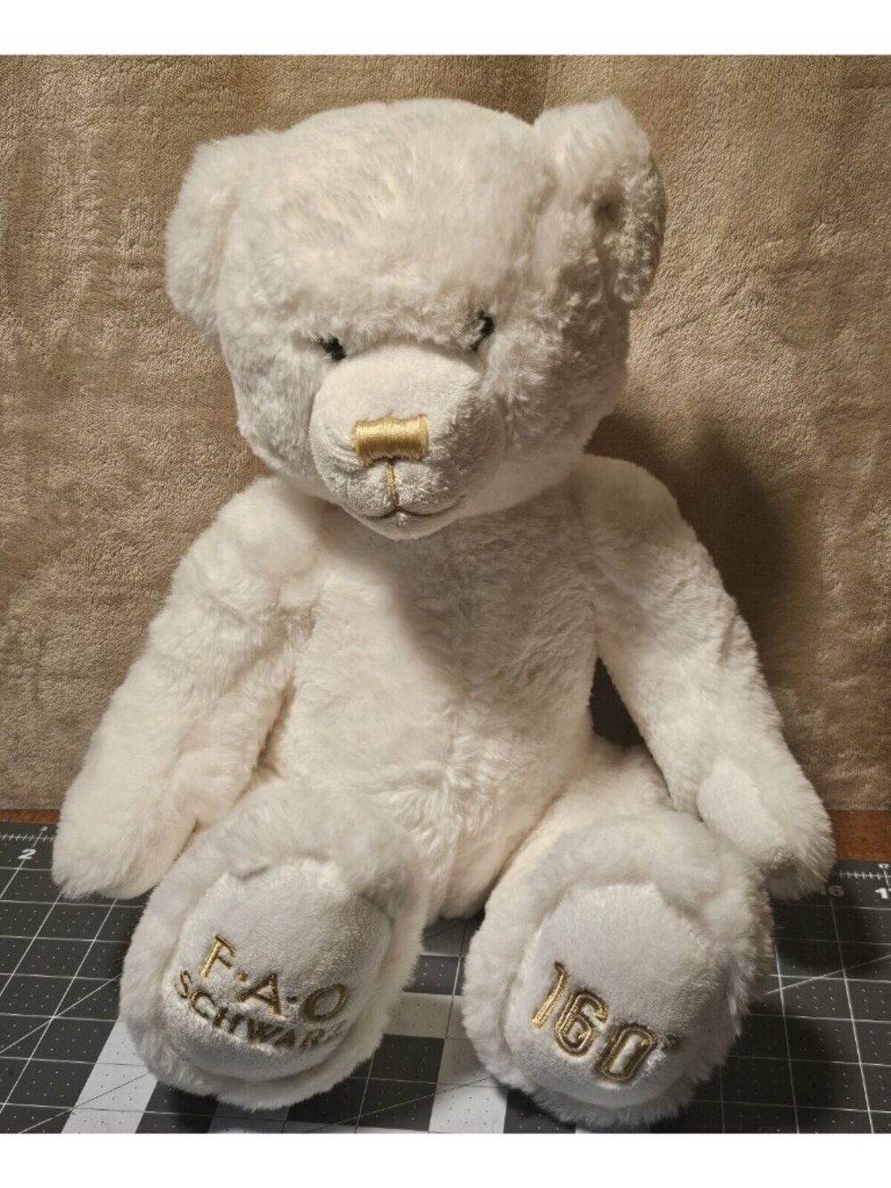 FAO Schwarz White Teddy Gold Nose Bear Plush Gold Lettering Sitting Soft 13" Toy